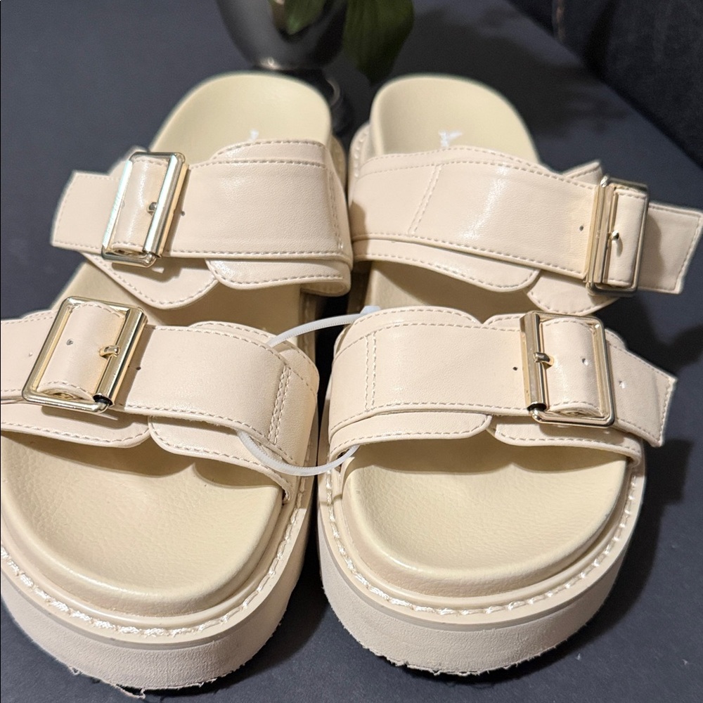 Princess Polly Cream Sandals with Gold Buckles
